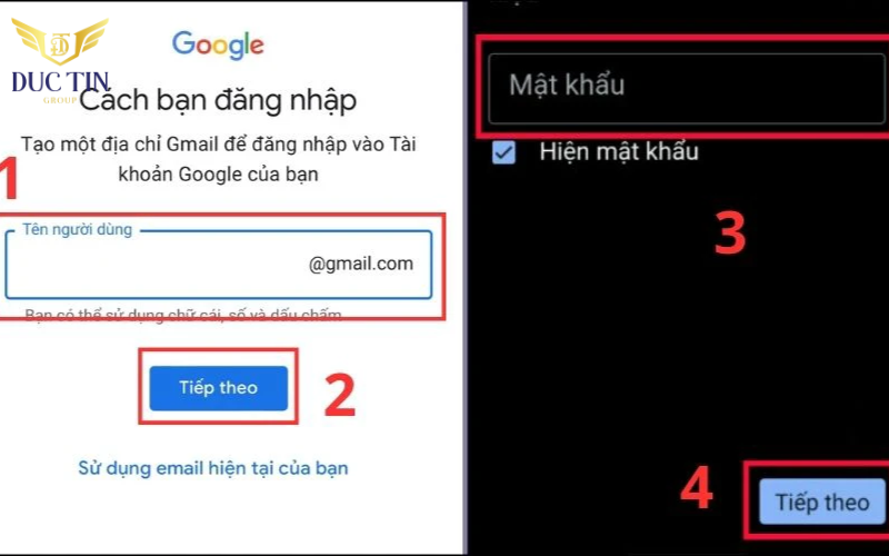 Nhập tên người dùng (username) và tạo một mật khẩu mới